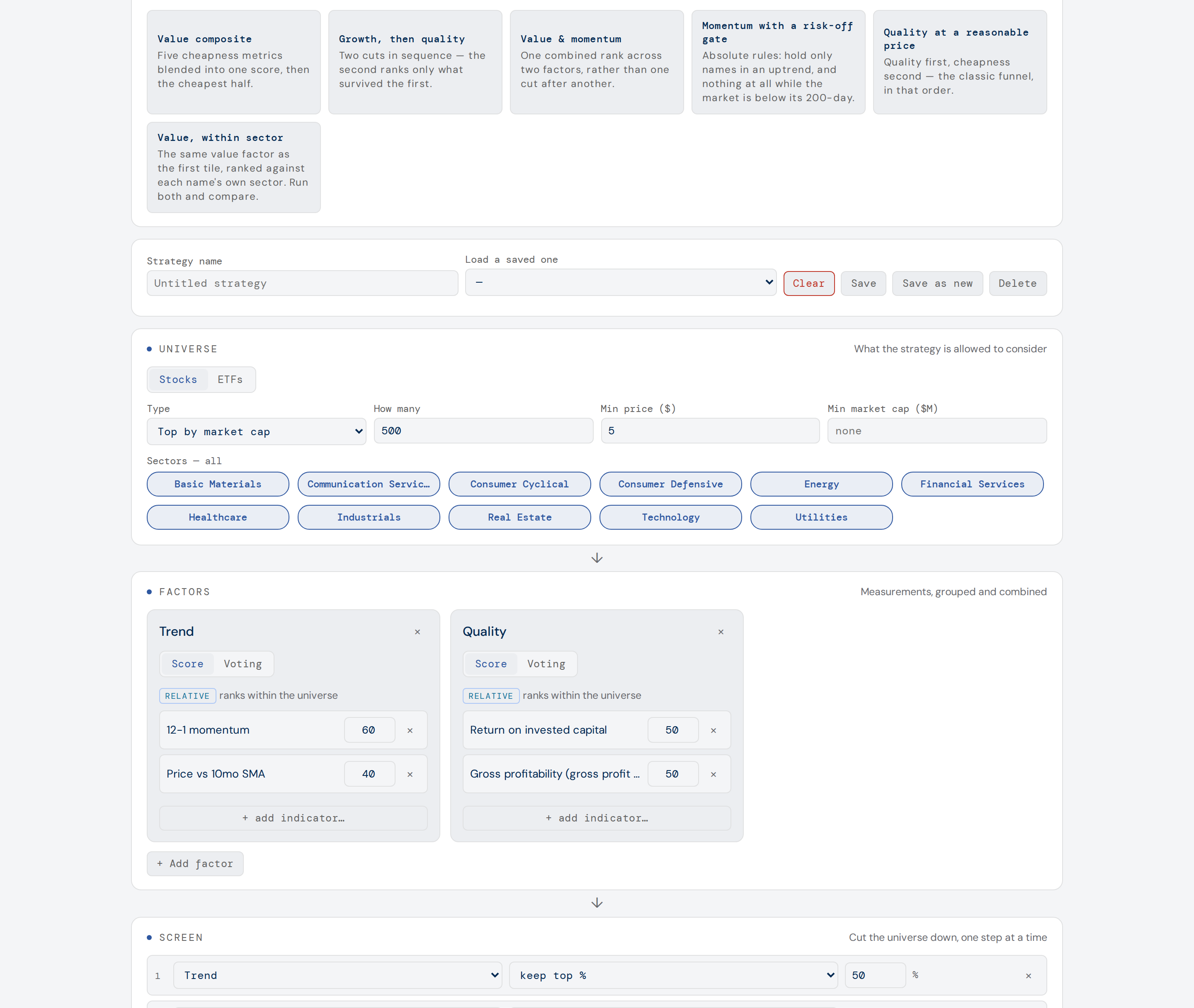 Strategy Lab: worked examples, a universe of the top 500 by market cap with every sector selected, and Trend and Quality factor cards weighting 12-1 momentum, price versus the 10-month average, return on invested capital and gross profitability.